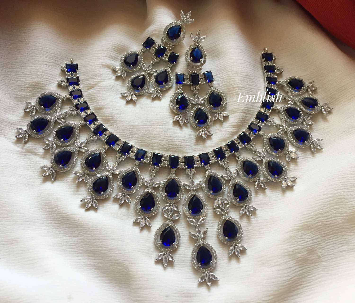 AD Stones Chandelier Neckpiece Blue